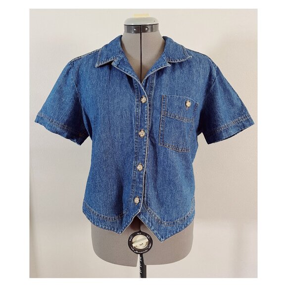 VTG 90s Stonebridge Sz M Cotton Denim Cropped Button Down Shirt - Picture 1 of 7